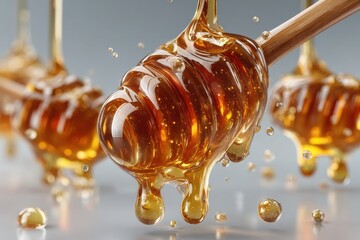 Golden honey dripping from a wooden dipper with jars in the background, close-up