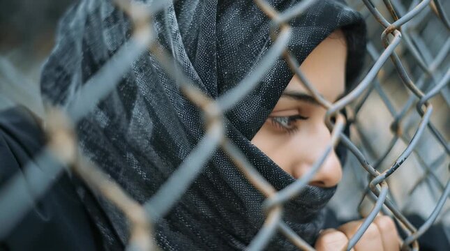 Sad middle eastern schoolgirl wearing a hijab looking through a fence