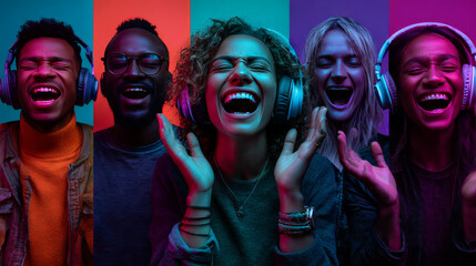 Collage of portraits of young emotional people on multicolored background in neon. Concept of human emotions, facial expression, sales. Listen to music with headphones, dancing. Flyer for ad, offer