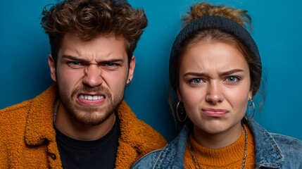 What is it. The male and female portrait isolated on blue studio backgroud. Anger. Young, emotional, angry, scared people looking at camera. Human emotions, facial expression concept. Trendy colors