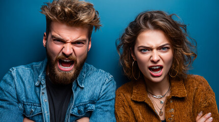 What is it. The male and female portrait isolated on blue studio backgroud. Anger. Young, emotional, angry, scared people looking at camera. Human emotions, facial expression concept. Trendy colors