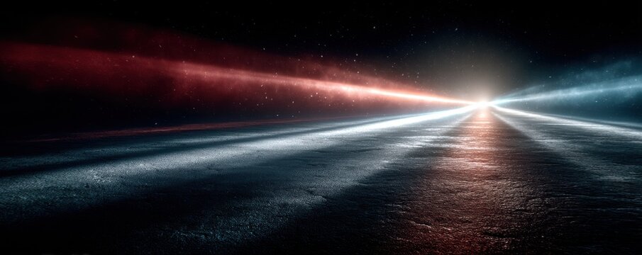 Red, blue and white laser beams cut across a dark horizon over a barren icy landscape