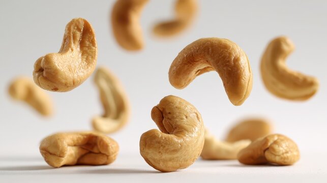 Falling cashew nuts on a pristine white background in a clean studio setting