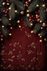 Obraz premium Christmas frame with fir branches, berries, and lights on a festive fabric