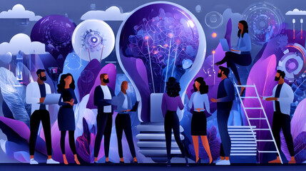 Contemporary artwork. Creative design. group of people, employees working together to create new profitable idea. Concept of business, success, growth, teamwork, career development. Copy space for ad