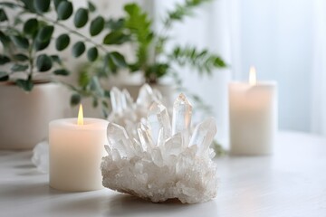 A stunning clear quartz crystal cluster glows amidst soft candlelight and lush green foliage, creating a serene and inviting ambiance, perfect for meditation and enhancing home decor.