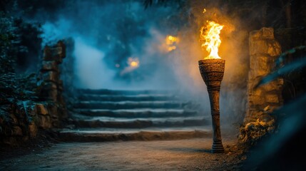 An ancient stone torch blazes with vibrant flames and wisps of smoke, illuminating moss-covered steps shrouded in mysterious fog, perfect for evoking adventure and historical wonder.