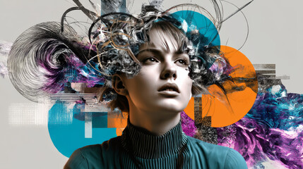 Chaos in girl's head and hurricane of thoughts. Modern design, contemporary art collage. Inspiration, idea concept, trendy urban magazine style. Back to school. Line art