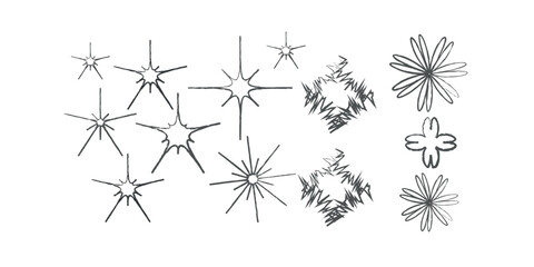 Abstract black white Hand Drawn Starburst Shapes Set | Decorative Doodle Spark Elements 