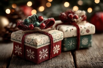 Obraz premium Decorative Christmas gift boxes with rustic designs and festive holiday decorations