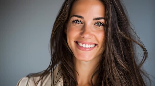 portrait of an attractive brunette woman with long hair, 30 years old, she is happy, looking straight to the camera,