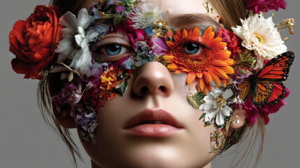 Abstract contemporary art collage portrait of young woman with flowers on face hides her eyes