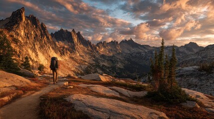 Epic mountain trek: backpacker navigating windswept peaks and open sky