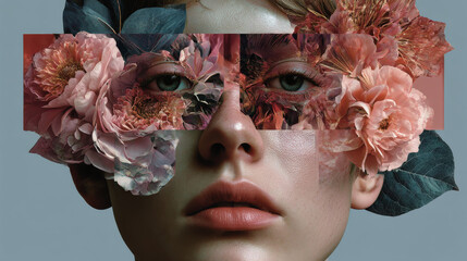 Abstract contemporary art collage portrait of young woman with flowers on face hides her eyes