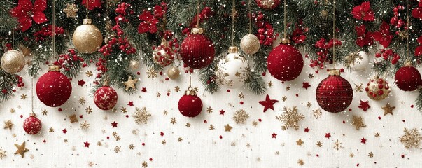 Obraz premium Festive Christmas decorations with red ornaments and golden sparkling accents