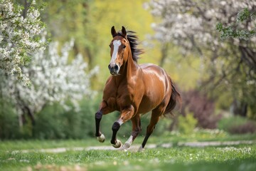 Fototapeta premium Dynamic motion of a bay horse leaping through flowering spring garden