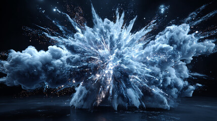 Abstract design of white powder snow cloud explosion on dark background