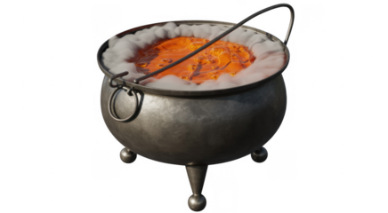 Boiling cauldron with orange liquid smoke isolated on a transparent background
