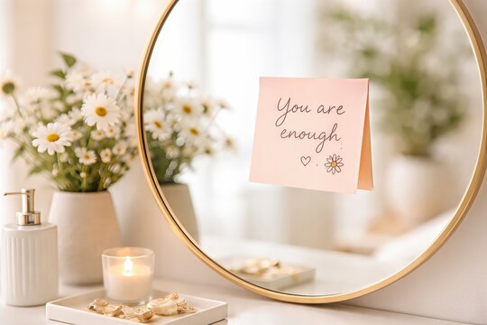 Reflective self affirmation message featuring pink sticky note framed in gold round mirror surrounded by daisies symbolizing self worth and positive mindset