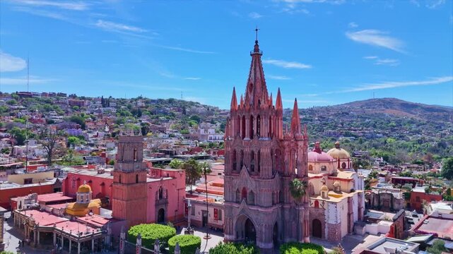 Neo-Gothic church in the center of San Miguel de Allende aerial view