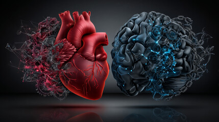 Heart and Brain concept, conflict between emotions and rational thinking, teamwork and balance between soul and intelligence
