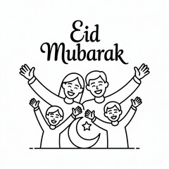 Eid mubarak greeting with a happy family and crescent moon illustration