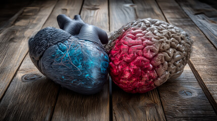 Heart and Brain concept, conflict between emotions and rational thinking, teamwork and balance between soul and intelligence