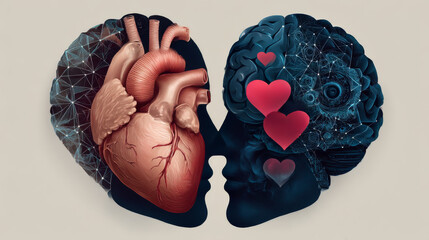 Heart and Brain concept, conflict between emotions and rational thinking, teamwork and balance between soul and intelligence