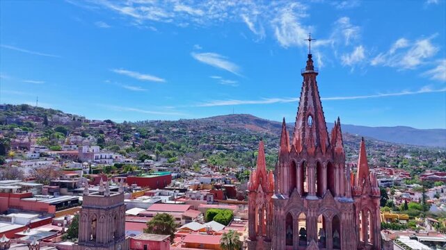 Neo-Gothic church in the center of San Miguel de Allende aerial view