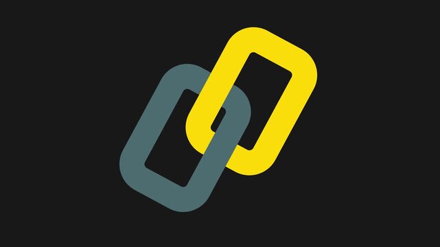 Interlinked Connection: a minimalist design with two interlocking abstract shapes of yellow and grey in simple shapes, a symbol of unity, connection, and collaboration.