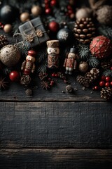 Obraz premium Festive holiday background featuring nutcrackers, pinecones, and seasonal decorations on wood