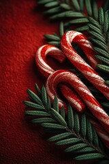 Obraz premium Festive candy canes with pine branches on a vibrant red background