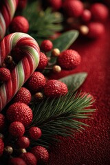 Obraz premium Festive Christmas Decoration with Candy Cane and Pine Elements on Red