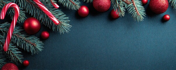 Obraz premium Festive Background with Candy Canes and Ornaments on Pine Branches