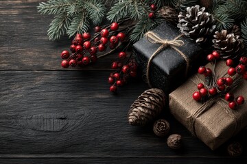 Obraz premium Festive holiday decorations with gift boxes and natural pine elements