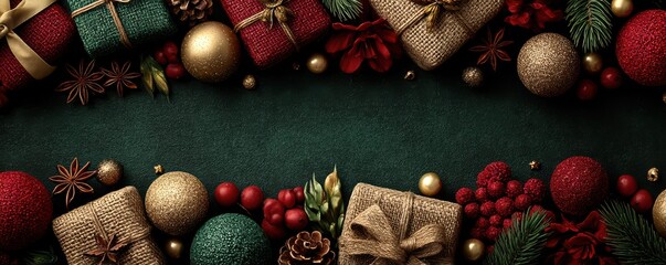 Obraz premium Elegant Christmas holiday background with decorations and wrapped gifts