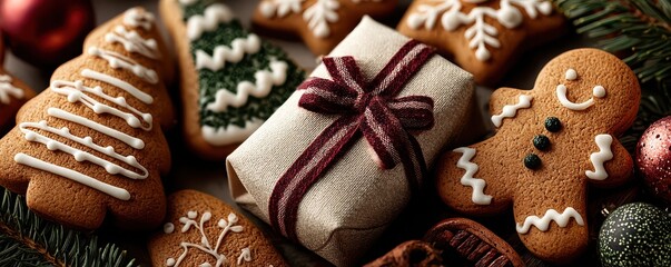 Obraz premium Christmas cookies and gifts adorned with festive decorations celebrating holiday joy