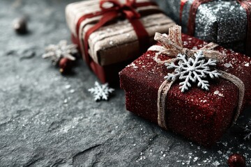 Obraz premium Festive Christmas gifts with snowflakes and sparkling decorations on a textured background