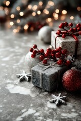 Obraz premium Festive Christmas decor with silver gifts and red berries on a snowy surface