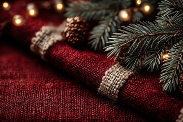 Obraz premium Festive background featuring pine branches, burlap details, and warm lighting