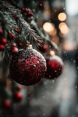 Obraz premium Close-up of red Christmas ornament on snowy evergreen branch with festive bokeh