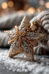 Obraz premium Golden star ornament resting among snow and festive holiday decor