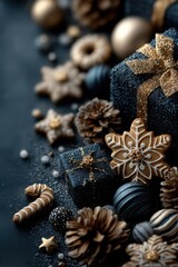 Obraz premium Festive arrangement with golden decorations, cookies, and glittering wrapped gifts