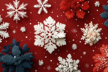 Obraz premium Festive Christmas snowflakes design featuring intricate patterns on a red background