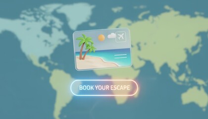 Online Travel Booking Interface with 3D Tropical Beach Icon and World Map Background