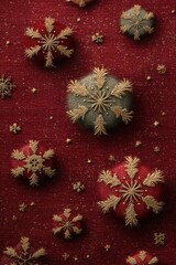 Obraz premium Golden snowflake ornaments pattern on rich red textured background for Christmas