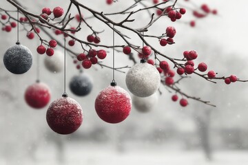 Obraz premium Snowy winter branch with red berries and festive Christmas ornaments