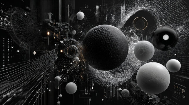 3D rendering of an abstract futuristic black and white composition. Monochronous template for a rigorous graphic presentation