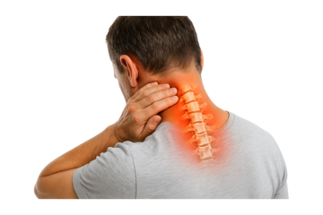 Man experiencing neck pain with highlighted spinal column anatomical illustration on transparent background