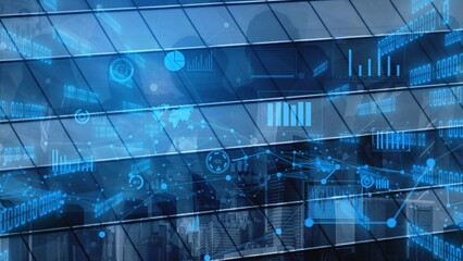 A captivating abstract image featuring a digital interface overlay on a modern glass building, illustrating data visualization against an urban skyline, perfect for technology themes. Xenic